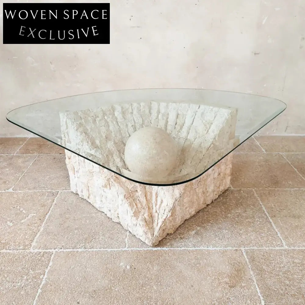 Elegant Post-modern Triangular Glass Top Living Room Travertine Marble Coffee Table