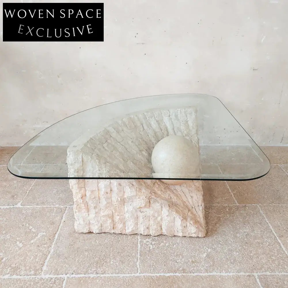 Elegant Post-modern Triangular Glass Top Living Room Travertine Marble Coffee Table