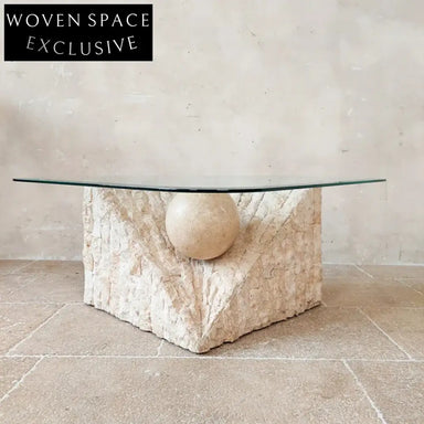 Elegant Post-modern Triangular Glass Top Living Room Travertine Marble Coffee Table