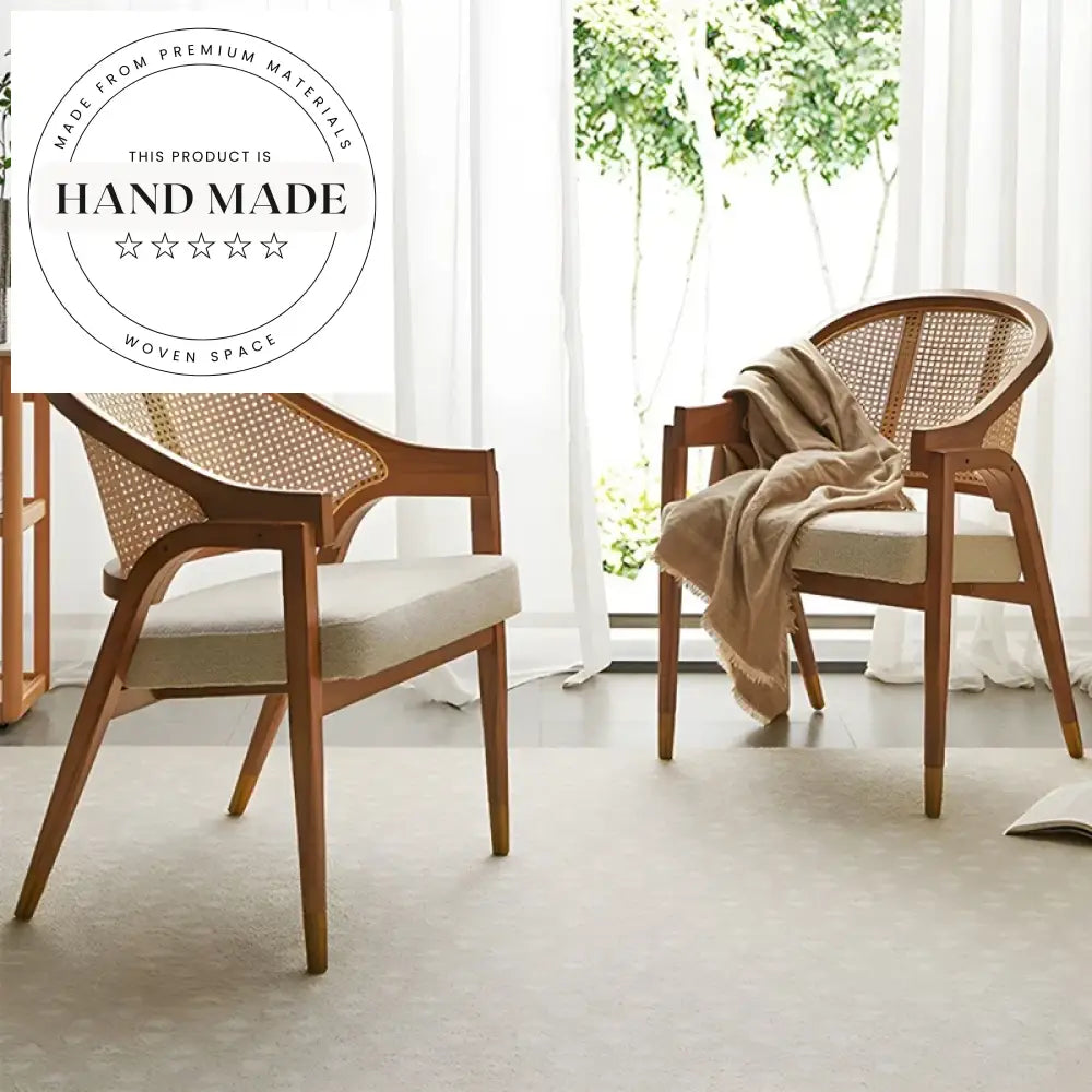 Elegant Rattan Back Wooden Dining Chair with Fabric Seat