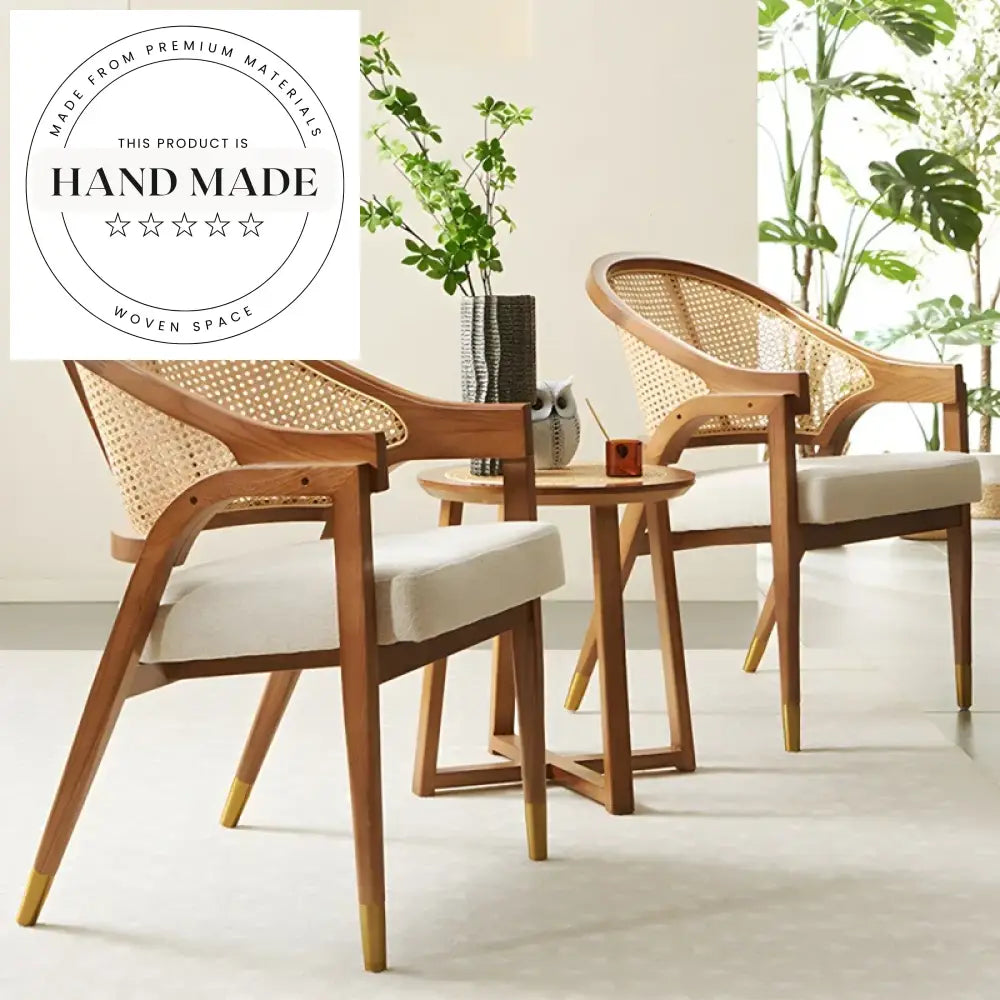 Elegant Rattan Back Wooden Dining Chair with Fabric Seat