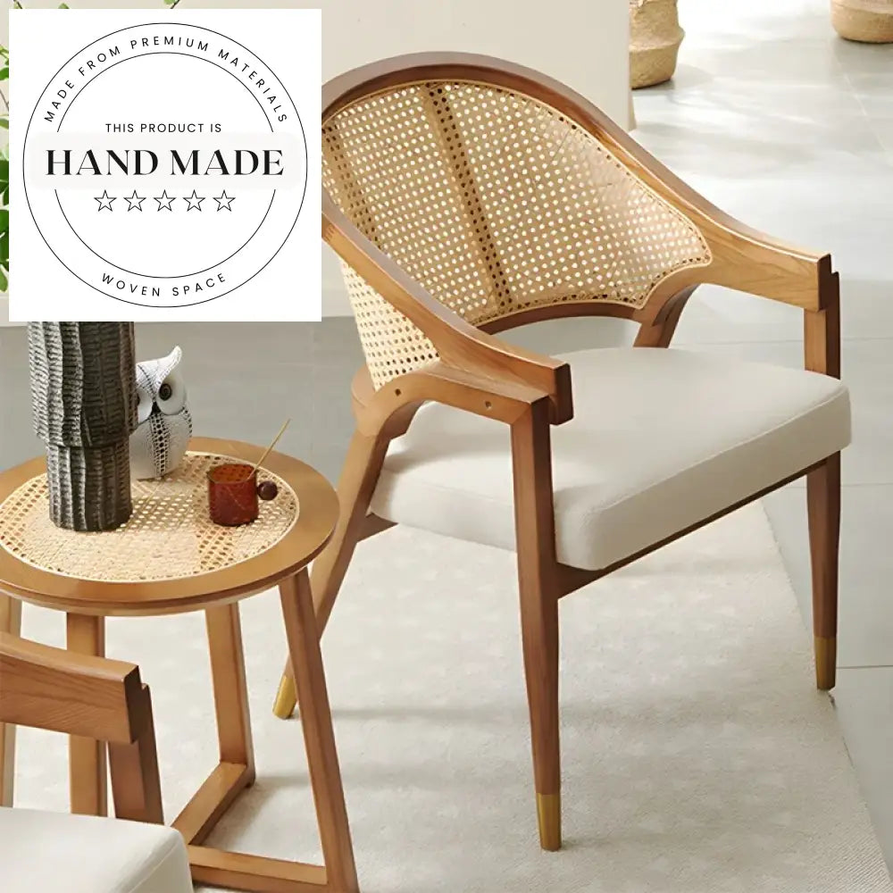 Elegant Rattan Back Wooden Dining Chair with Fabric Seat