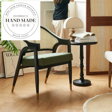 Elegant Rattan Back Wooden Dining Chair with Fabric Seat