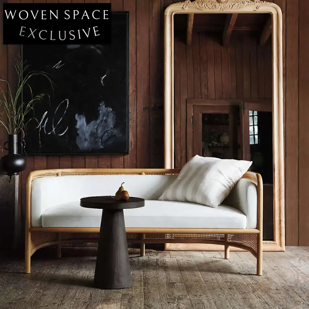 Elegant Rattan Cane Settee Sofa, White Cushion, Solid Oak Wood Frame