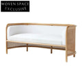 Elegant Rattan Cane Settee Sofa, White Cushion, Solid Oak Wood Frame
