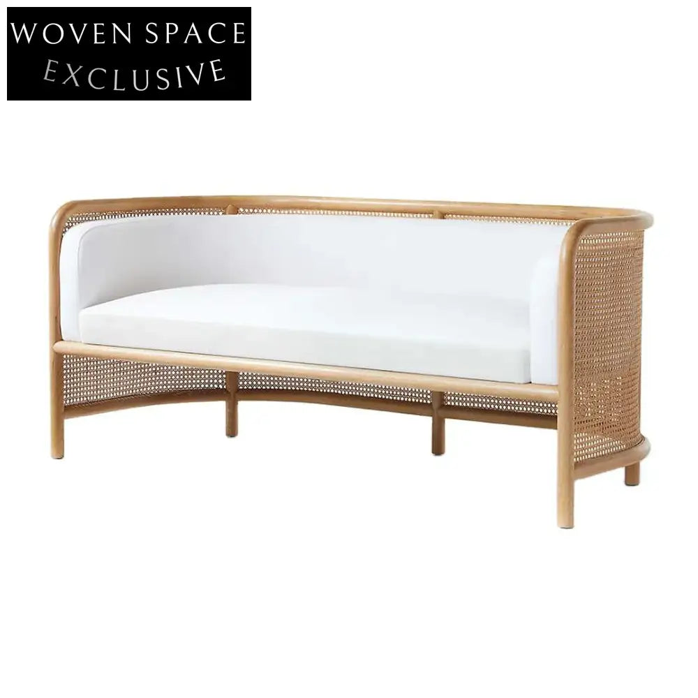 Elegant Rattan Cane Settee Sofa, White Cushion, Solid Oak Wood Frame