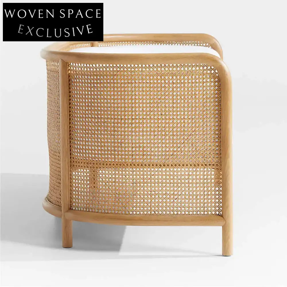 Elegant Rattan Cane Settee Sofa, White Cushion, Solid Oak Wood Frame