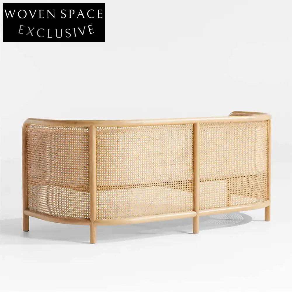 Elegant Rattan Cane Settee Sofa, White Cushion, Solid Oak Wood Frame