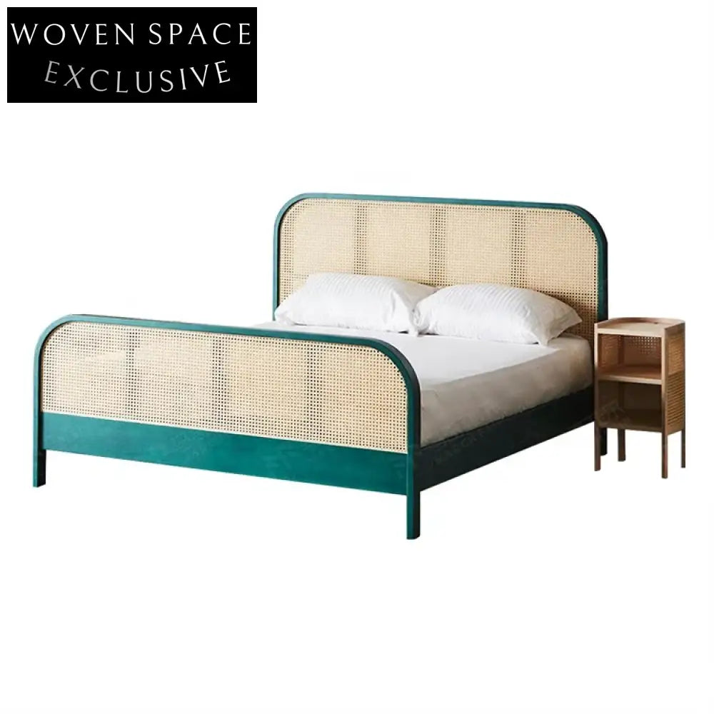Elegant Rattan Woven Headboard Solid Wood Bed Frame - Modern Asian Style Bedroom