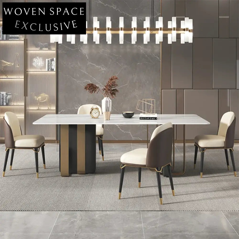 Elegant Rectangle Marble Top Dining Table, Solid Wood Base, Seating for Six