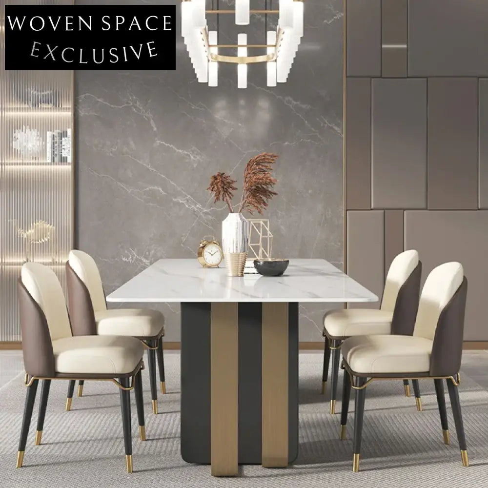 Elegant Rectangle Marble Top Dining Table, Solid Wood Base, Seating for Six