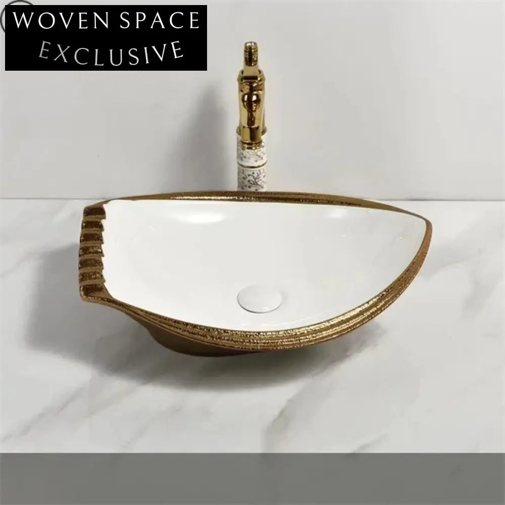 Elegant Rectangular Ceramic Countertop Bathroom Sink, Gold Finish Modern Wash Basin