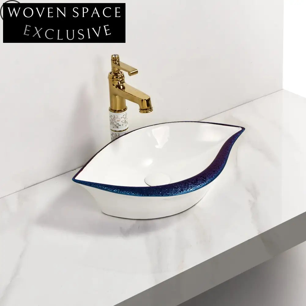 Elegant Rectangular Ceramic Countertop Bathroom Sink, Gold Finish Modern Wash Basin