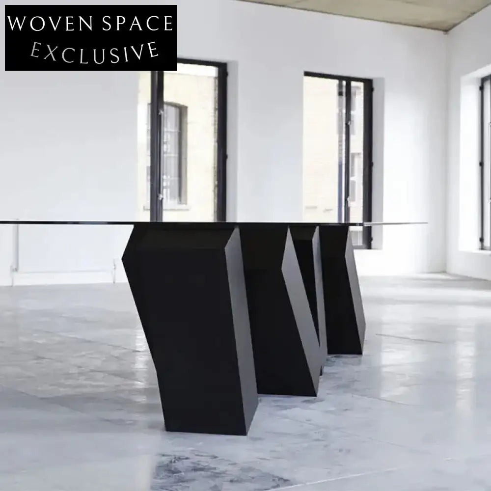 Elegant Rectangular Glass Top Dining Table with Unique Wood Base