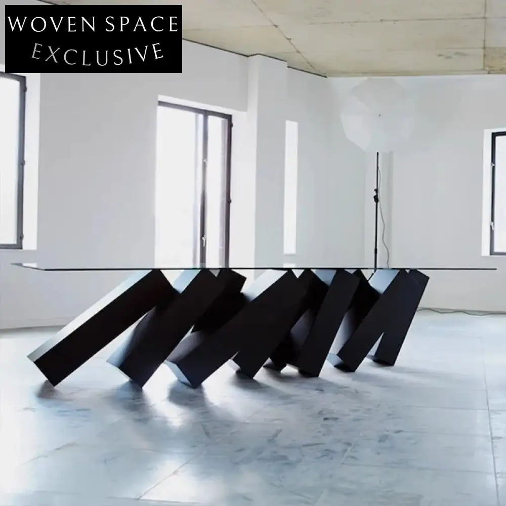 Elegant Rectangular Glass Top Dining Table with Unique Wood Base