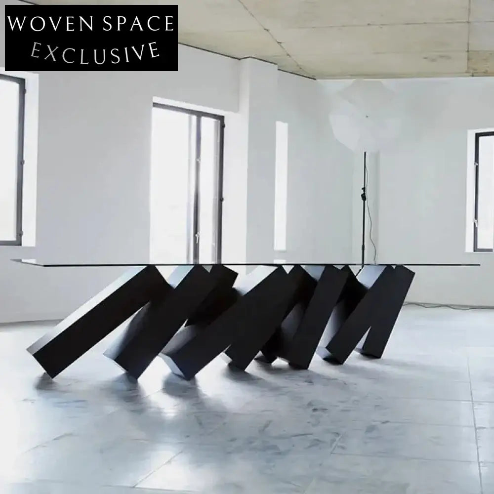 Elegant Rectangular Glass Top Dining Table with Unique Wood Base