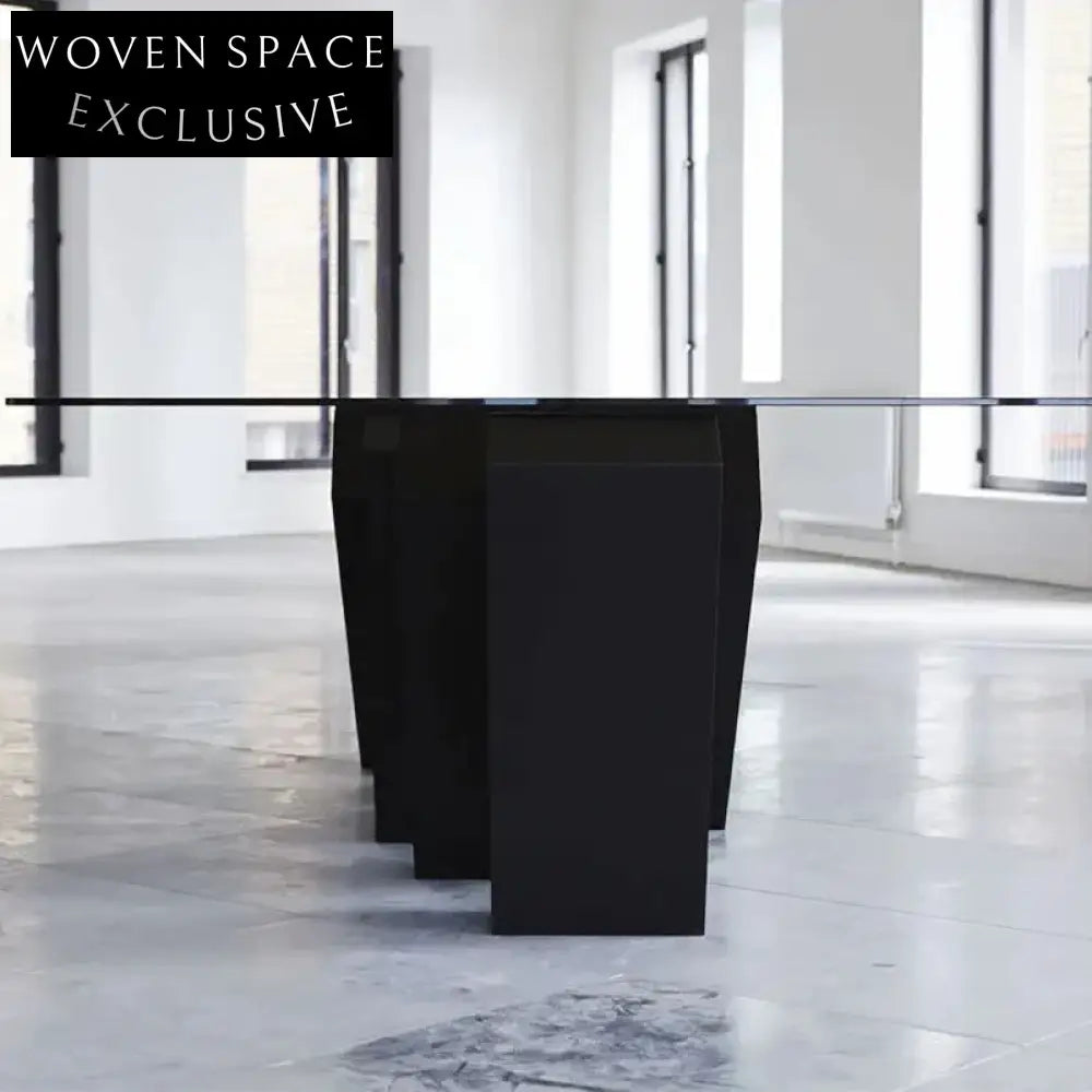 Elegant Rectangular Glass Top Dining Table with Unique Wood Base