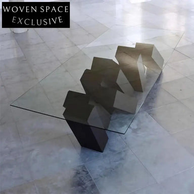 Elegant Rectangular Glass Top Dining Table with Unique Wood Base