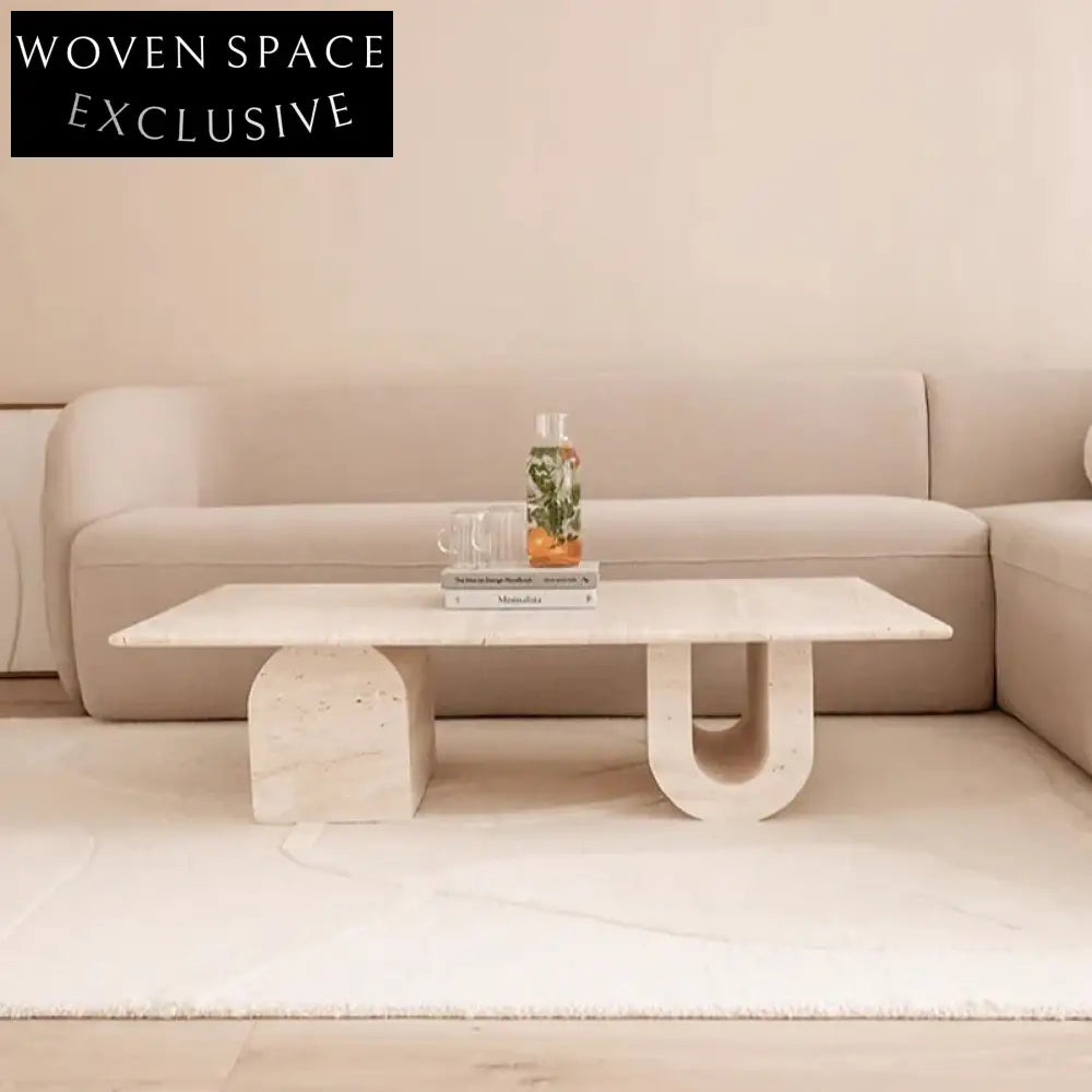 Elegant Rectangular Travertine Coffee Table with Sculptural Base