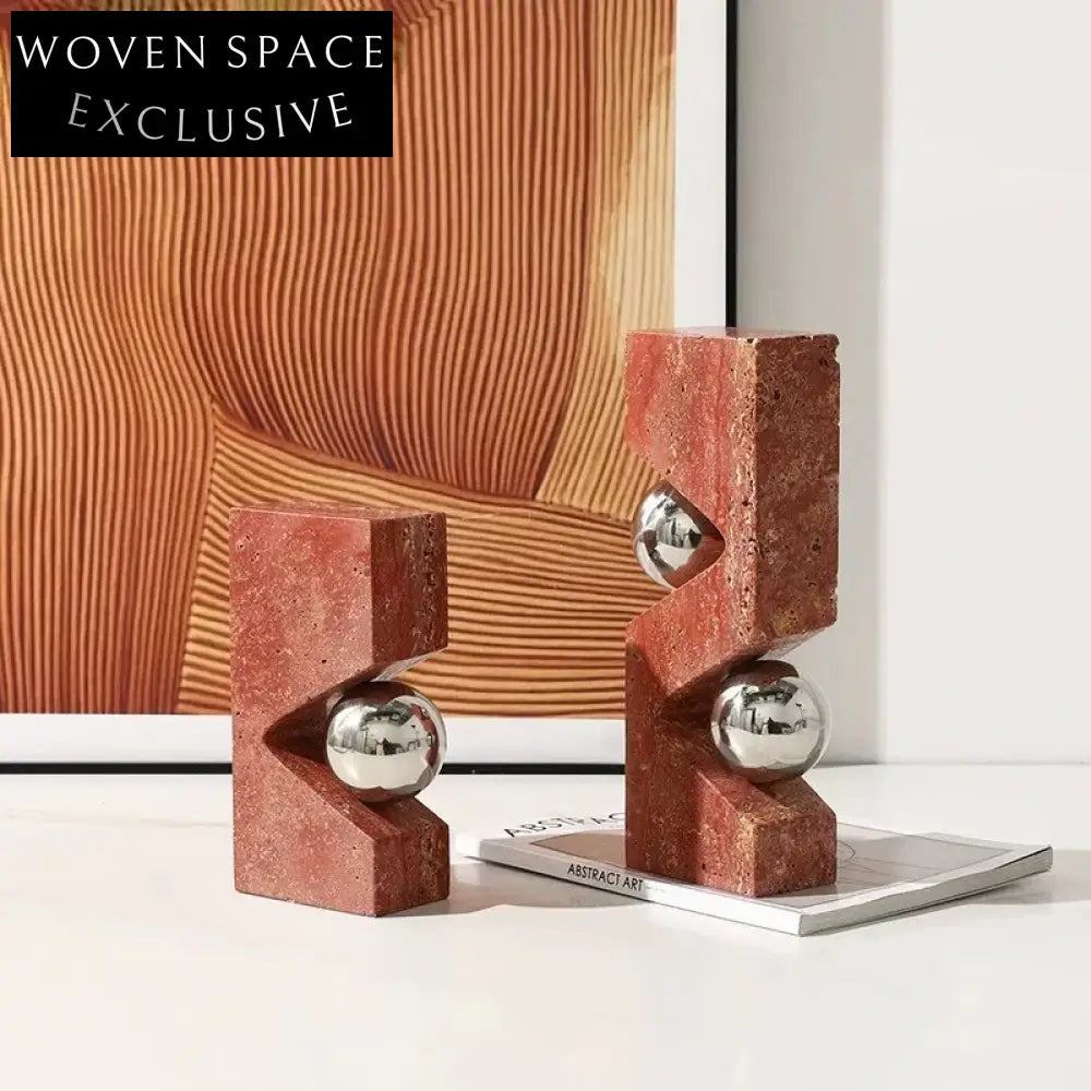 Elegant Red Marble & Metal Art Decor Bookends for Home