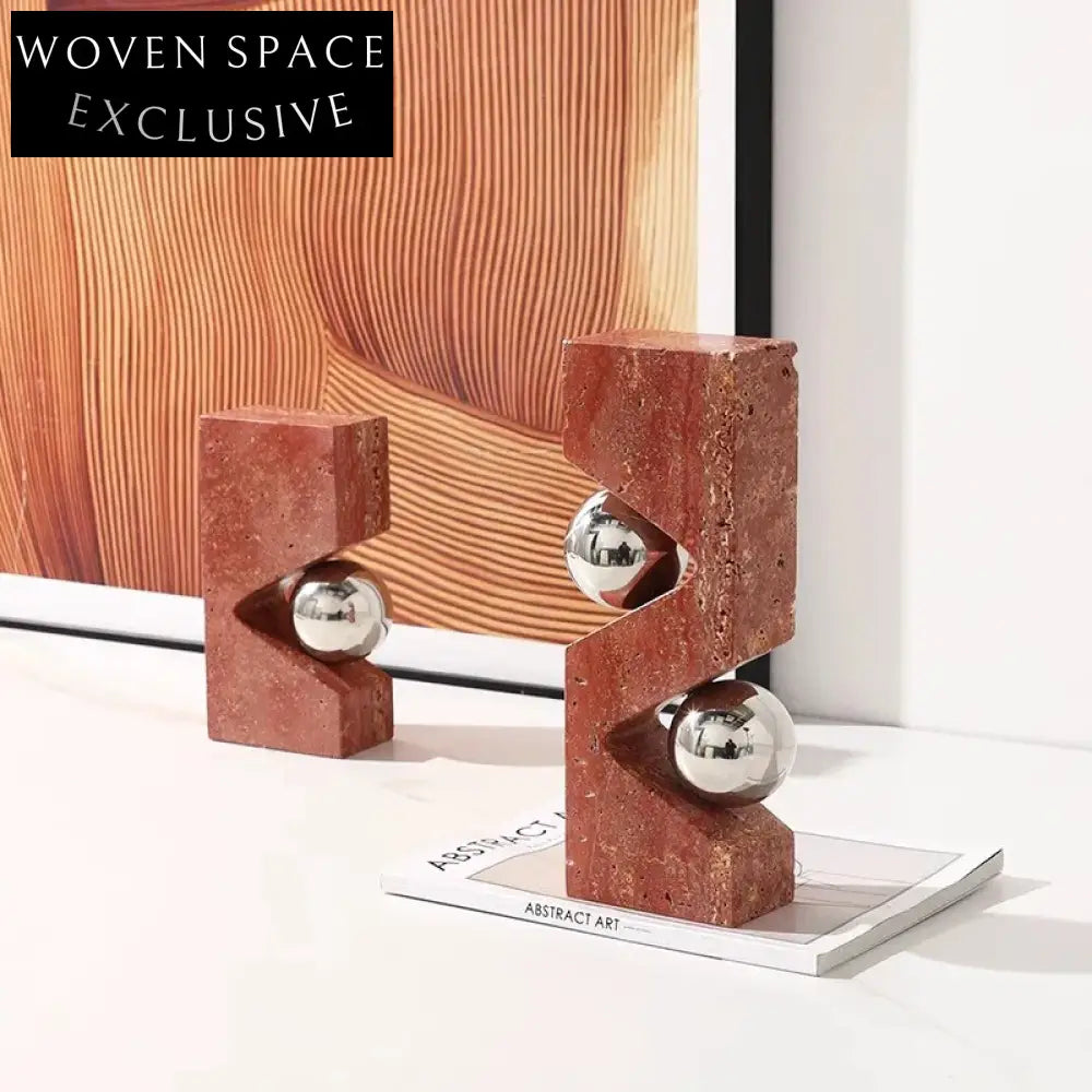 Elegant Red Marble & Metal Art Decor Bookends for Home