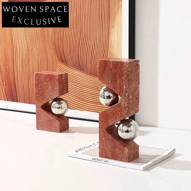 Elegant Red Marble & Metal Art Decor Bookends for Home