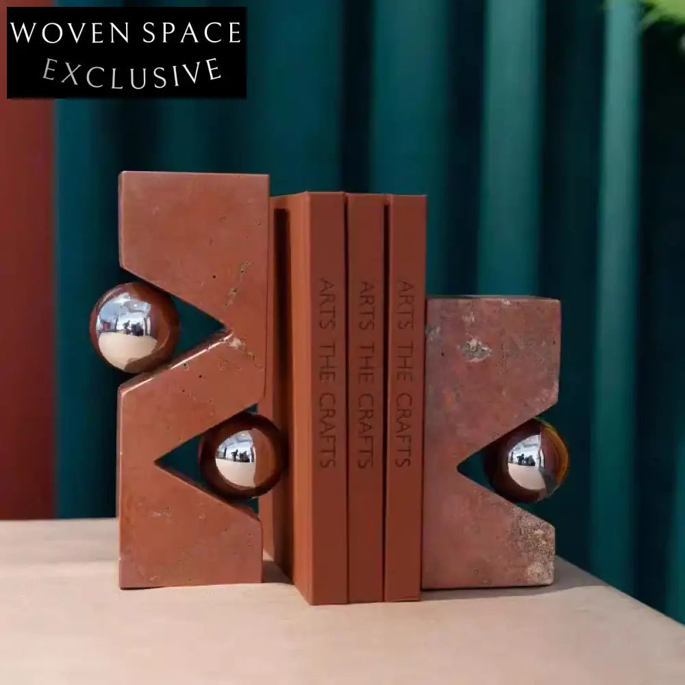 Elegant Red Marble & Metal Art Decor Bookends for Home