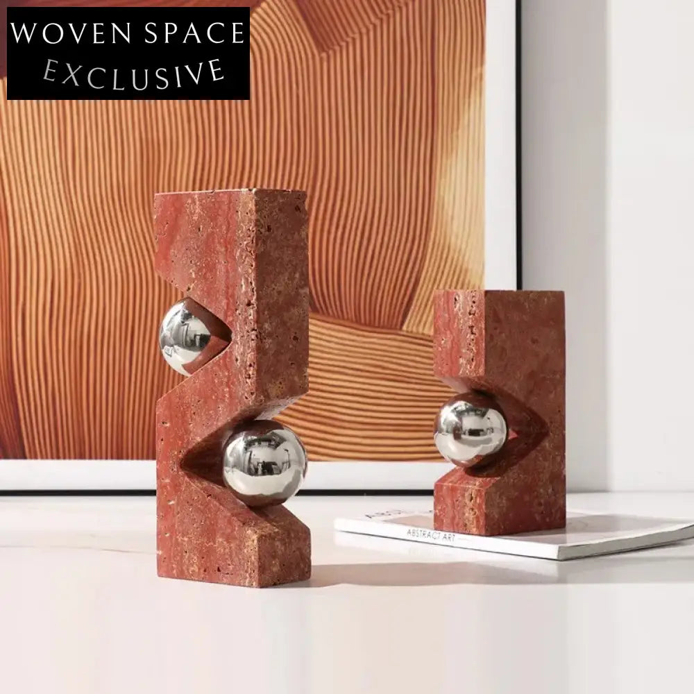 Elegant Red Marble & Metal Art Decor Bookends for Home