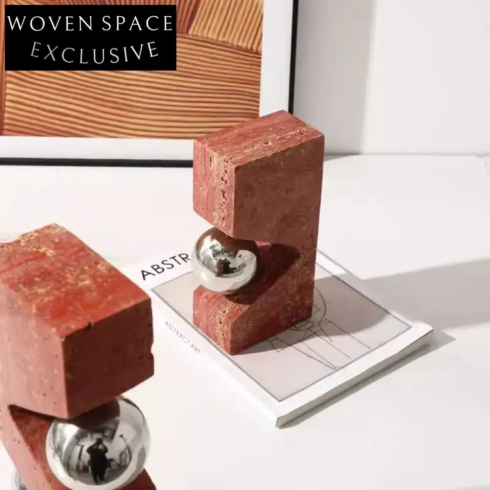 Elegant Red Marble & Metal Art Decor Bookends for Home
