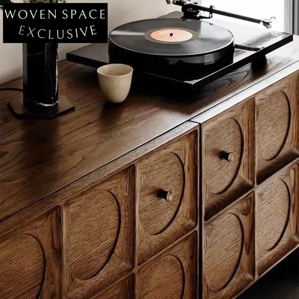 Elegant Retro Carved Solid Ash Wood Living Room Sideboard Cabinet