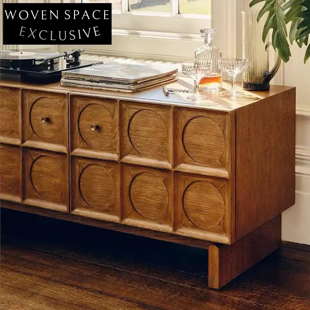 Elegant Retro Carved Solid Ash Wood Living Room Sideboard Cabinet