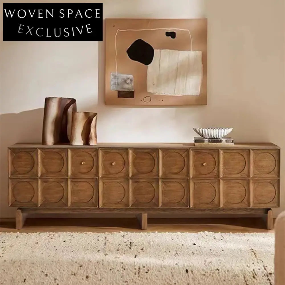 Elegant Retro Carved Solid Ash Wood Living Room Sideboard Cabinet