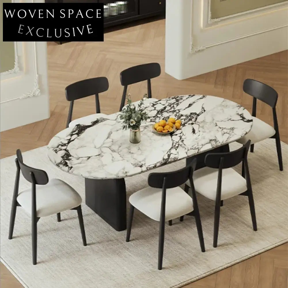 Elegant Rock Board Dining Table Set, Durable Wood Base, Six Chairs