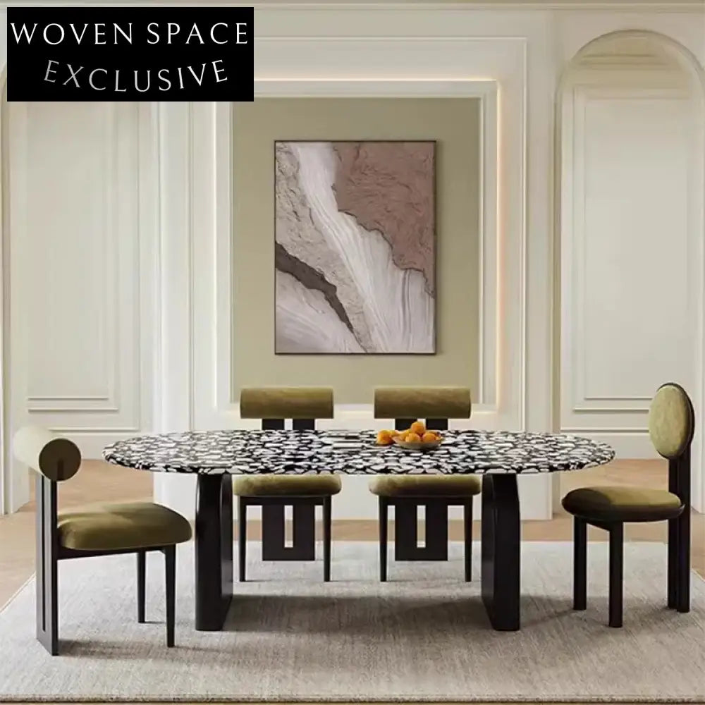 Elegant Rock Board Dining Table Set, Durable Wood Base, Six Chairs