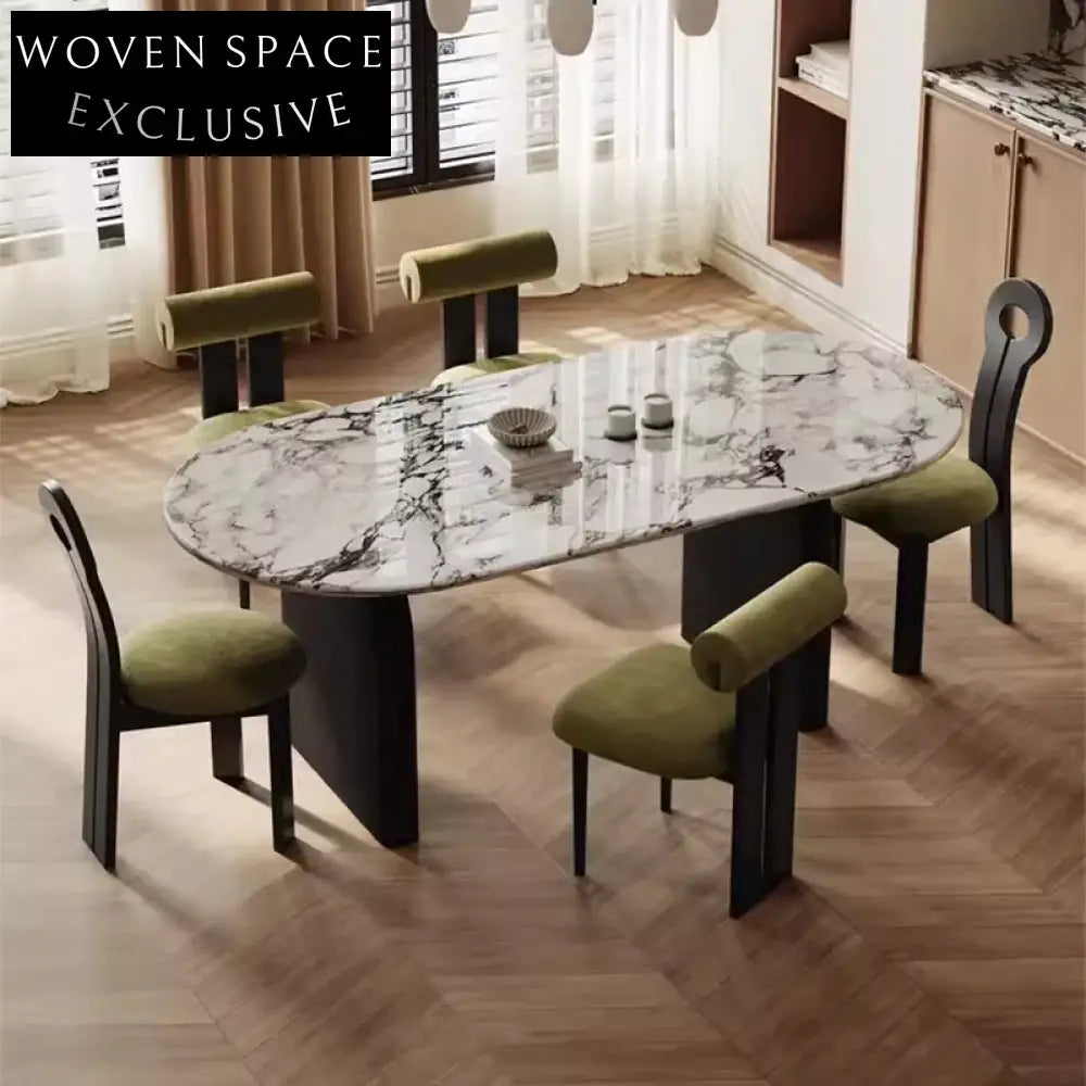 Elegant Rock Board Dining Table Set, Durable Wood Base, Six Chairs