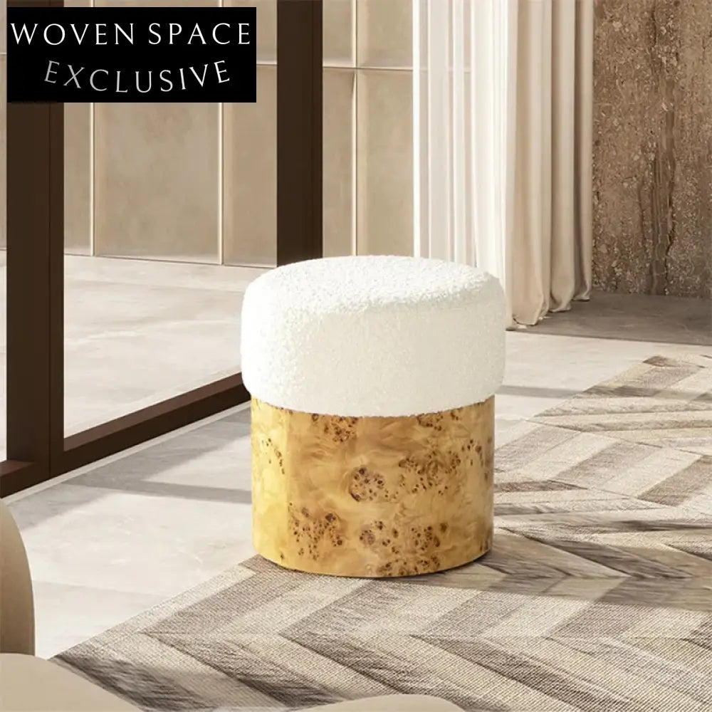 Elegant Round Boucle Fabric Footstool with Burl Veneer Base Ottoman