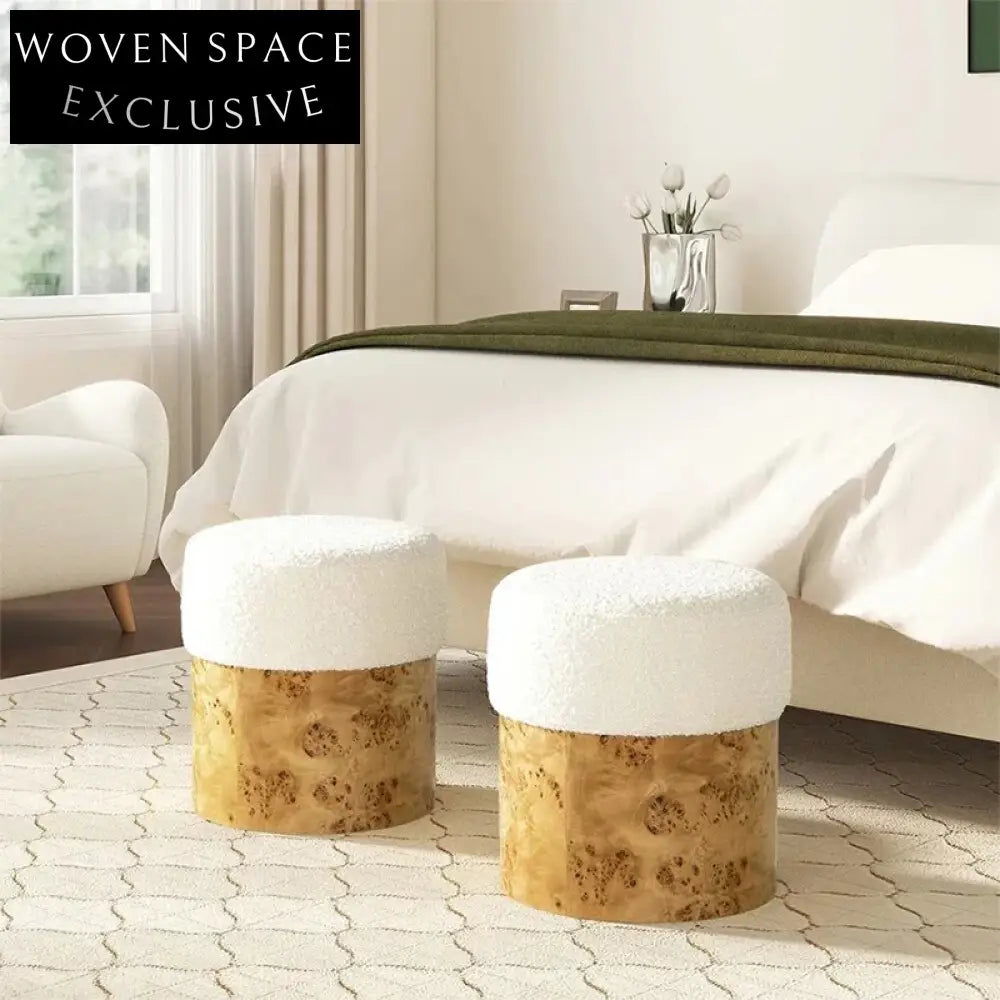 Elegant Round Boucle Fabric Footstool with Burl Veneer Base Ottoman
