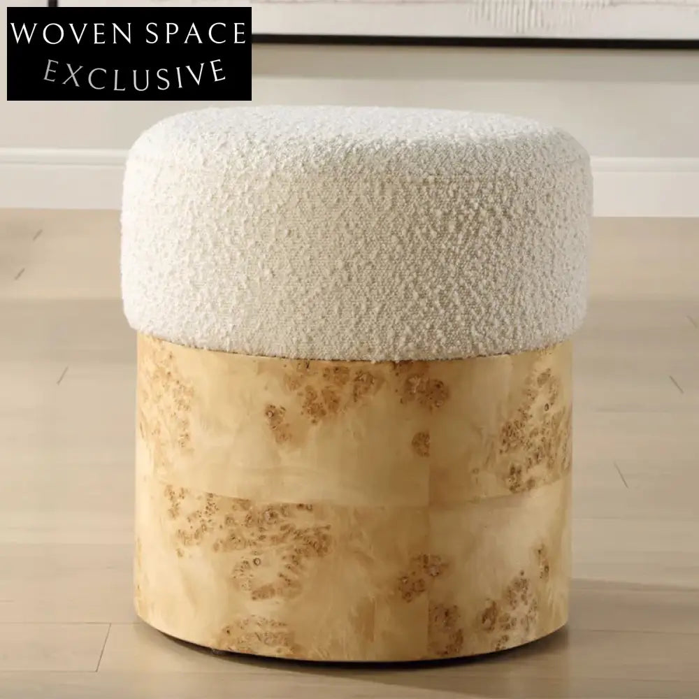 Elegant Round Boucle Fabric Footstool with Burl Veneer Base Ottoman