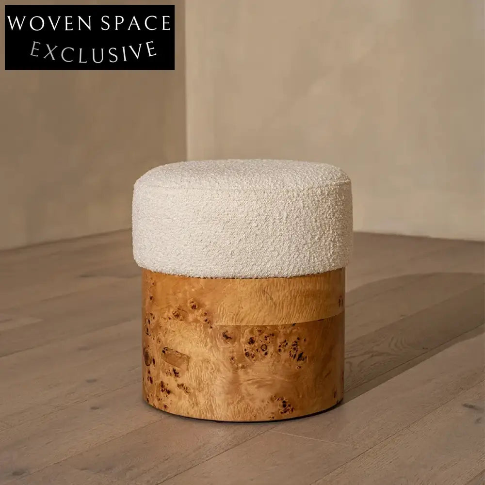 Elegant Round Boucle Fabric Footstool with Burl Veneer Base Ottoman
