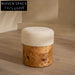 Elegant Round Boucle Fabric Footstool with Burl Veneer Base Ottoman