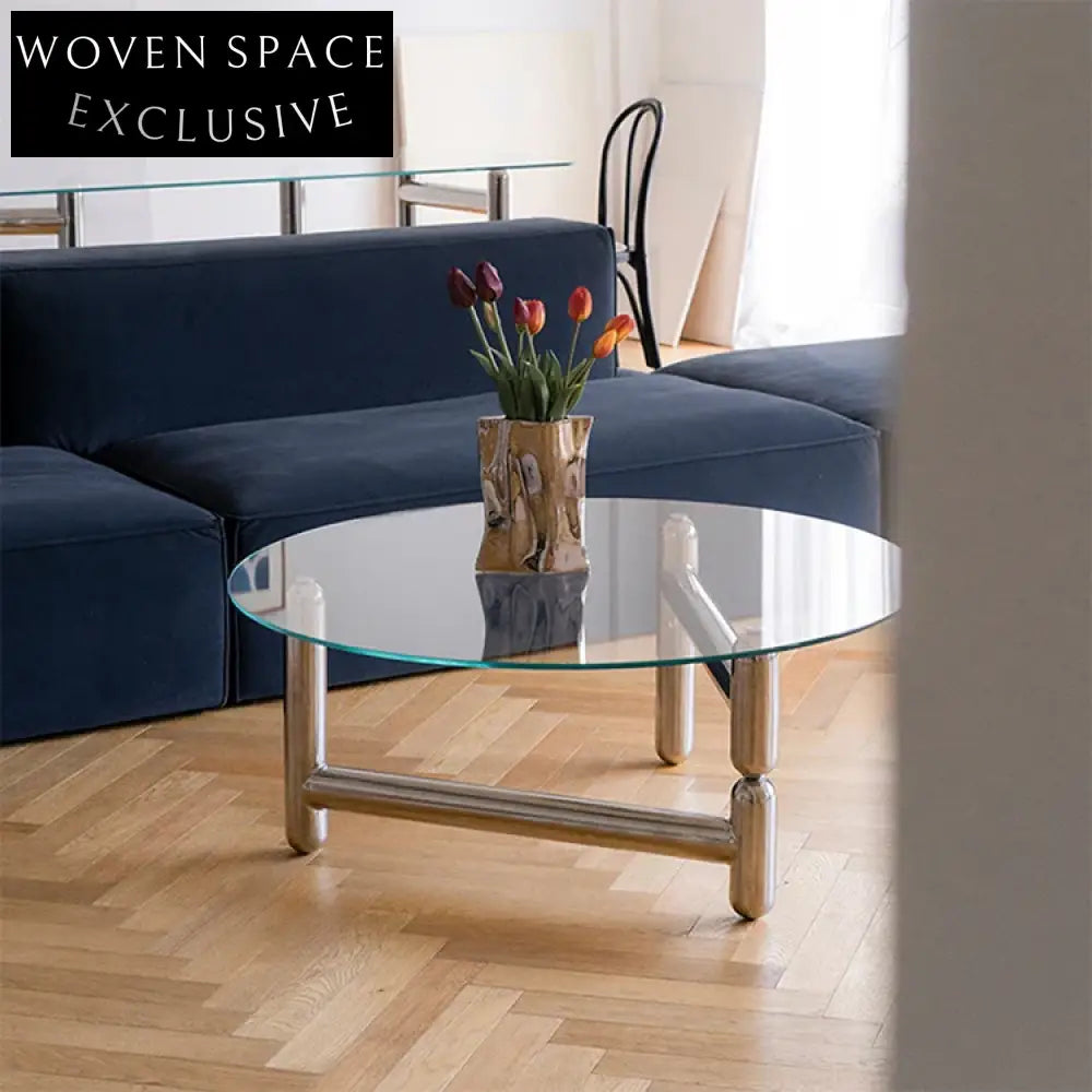 Elegant Round Glass Coffee Table, Stainless Steel Base, Living Room Centerpiece