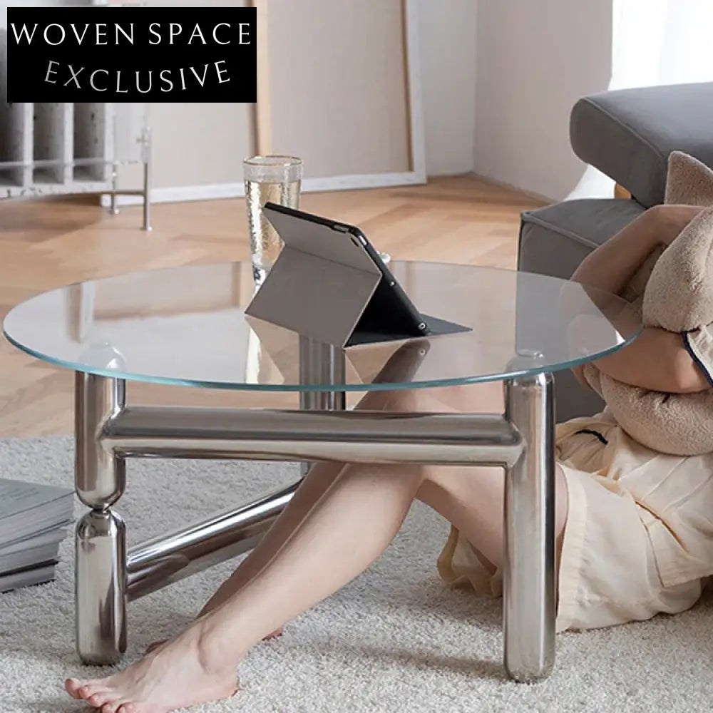 Elegant Round Glass Coffee Table, Stainless Steel Base, Living Room Centerpiece