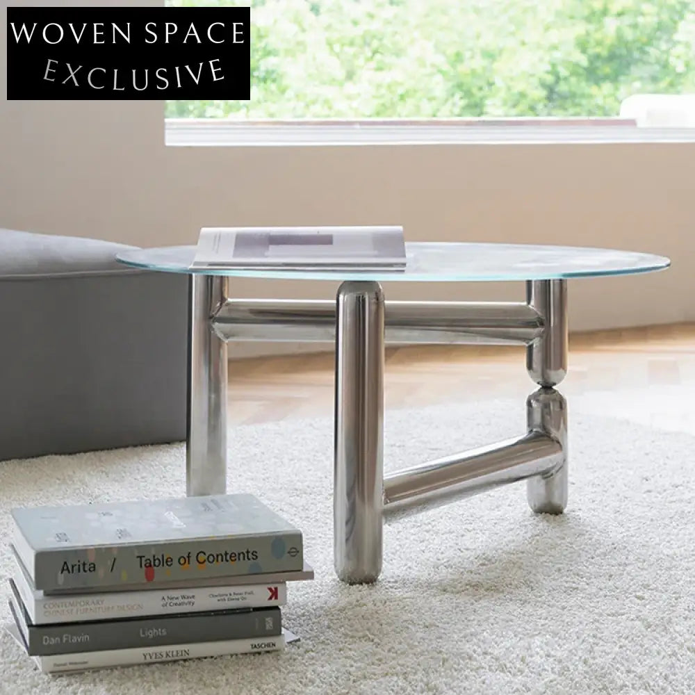 Elegant Round Glass Coffee Table, Stainless Steel Base, Living Room Centerpiece