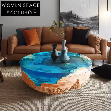 Elegant Round Live Edge Walnut Resin Coffee Table for Modern Living Room