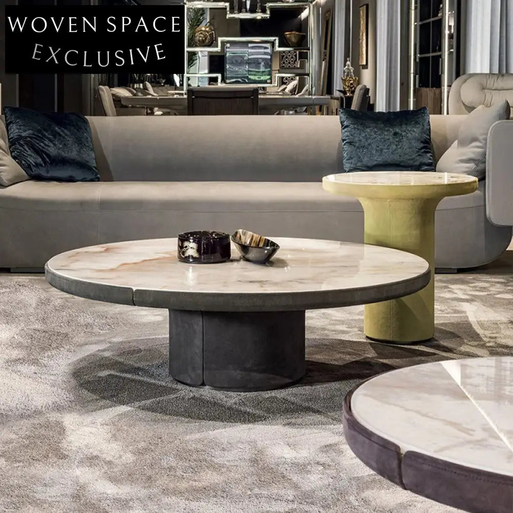 Elegant Round Marble Coffee Side Table with Luxurious Leather Base for Living Rooms