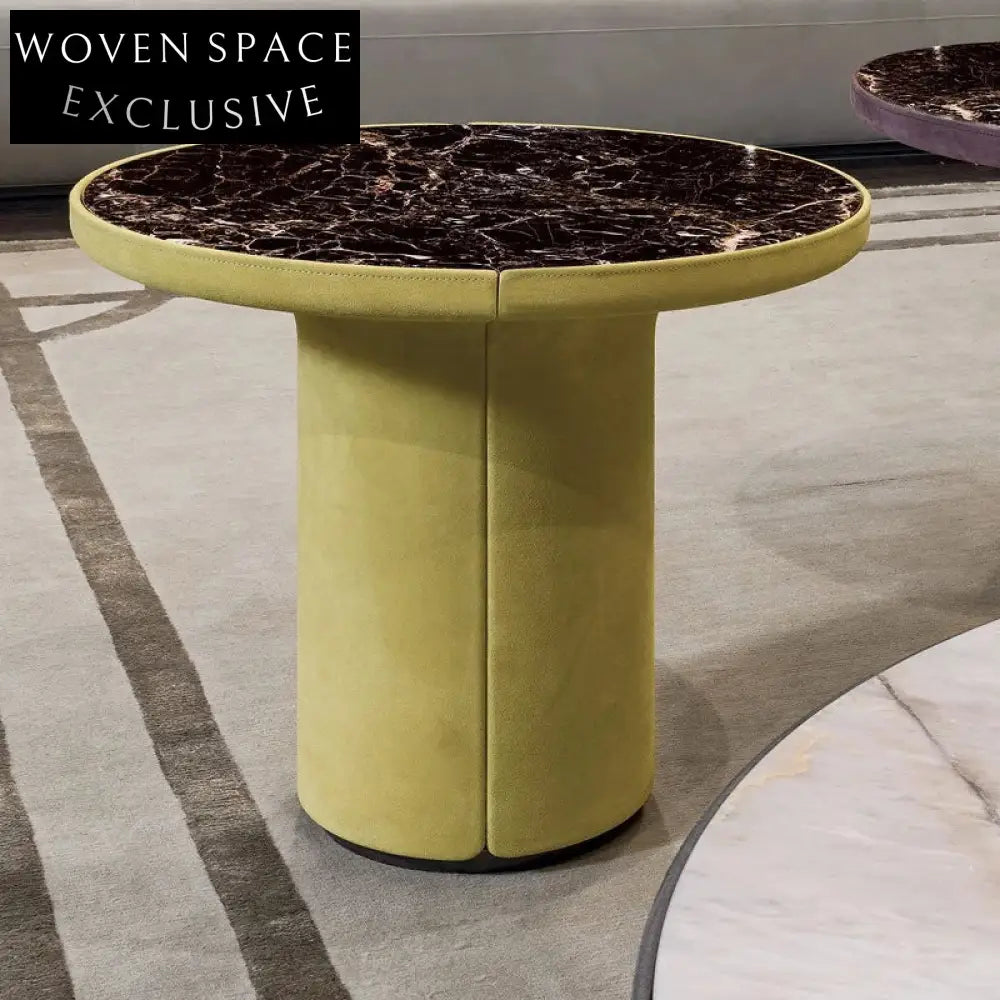 Elegant Round Marble Coffee Side Table with Luxurious Leather Base for Living Rooms