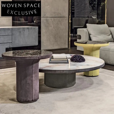 Elegant Round Marble Coffee Side Table with Luxurious Leather Base for Living Rooms