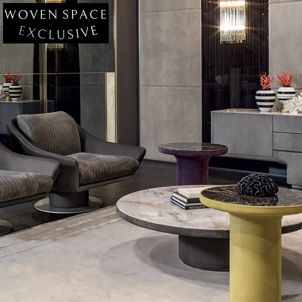 Elegant Round Marble Coffee Side Table with Luxurious Leather Base for Living Rooms