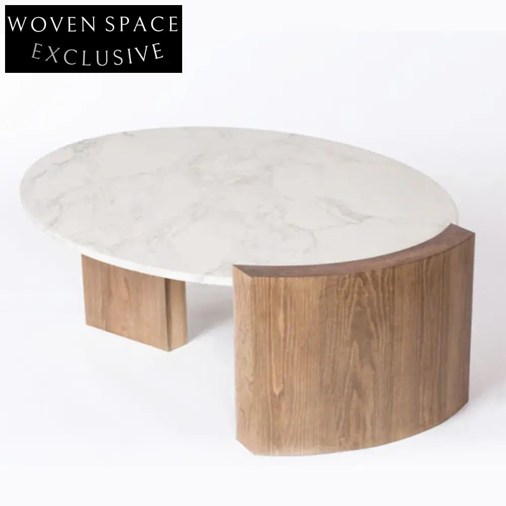 Elegant Round Marble Top Coffee Table with Solid Wood Legs Modern Style
