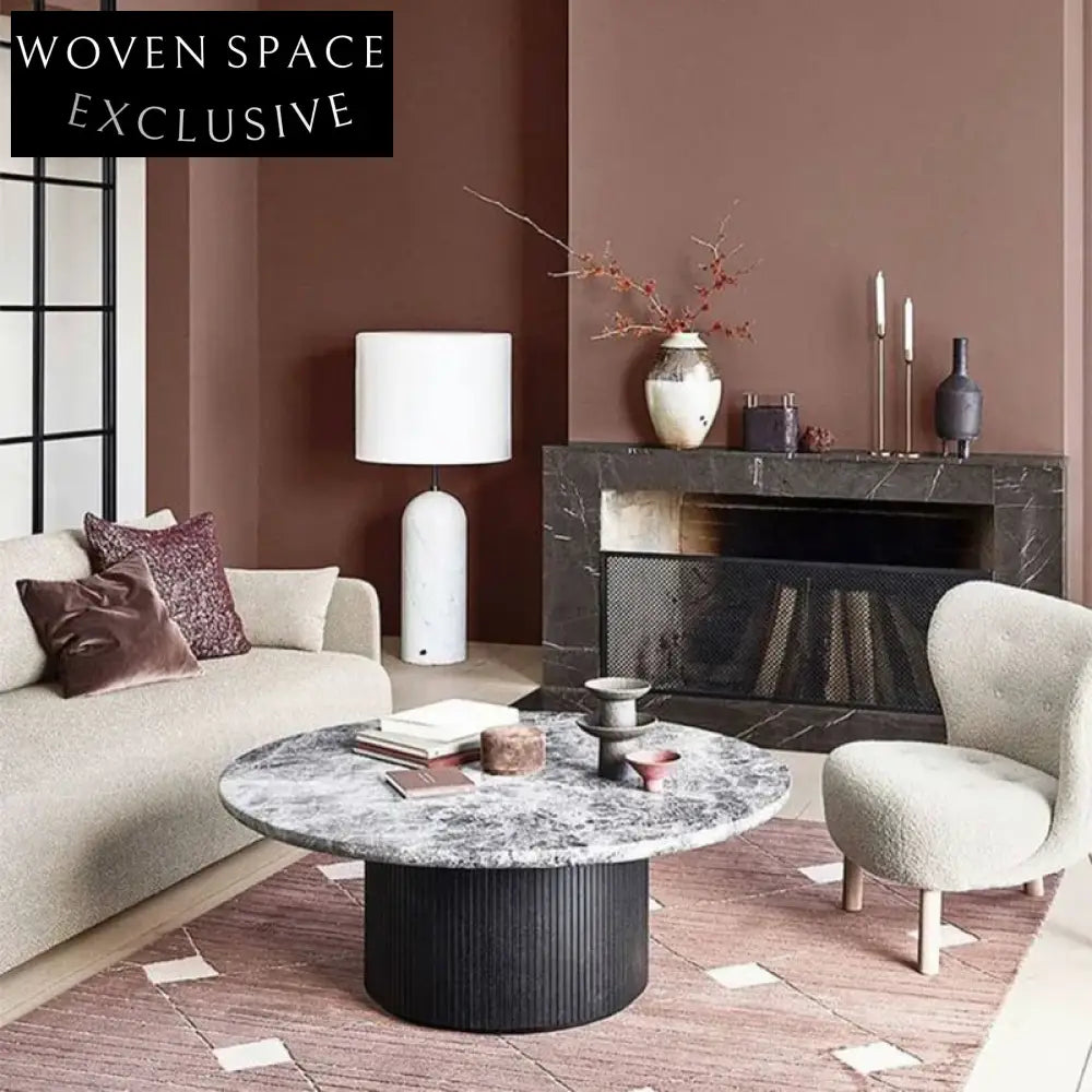 Elegant Round Marble Top Coffee Table, Wood Base for Modern Homes